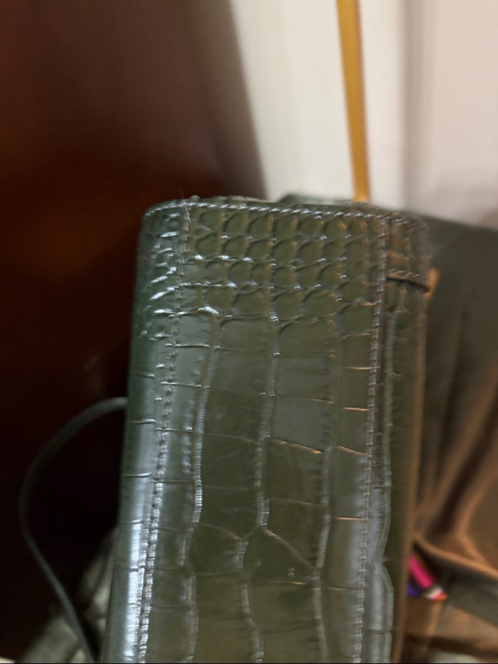 kate spade New York dark green croc-embossed leather satchel with colorful bow - Picture 6 of 10